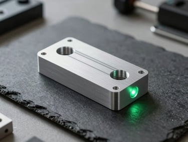 Crisp editorial studio photography of a physical CNC-milled aluminum prototype on a dark slate worktable, natural side-lighting, green status LED glowing, sharp focus, 35mm lens.
