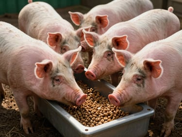 Close-up of a modern automated pig feeder dispensing pellets into a clean trough, healthy pigs eating, warm equatorial daylight.