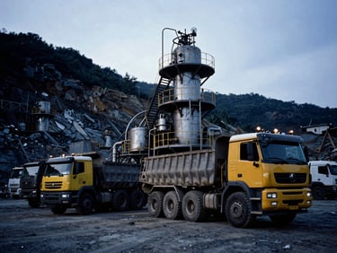 Industrial machinery and heavy transport trucks parked at a mountain-side quarry, dramatic side-lighting