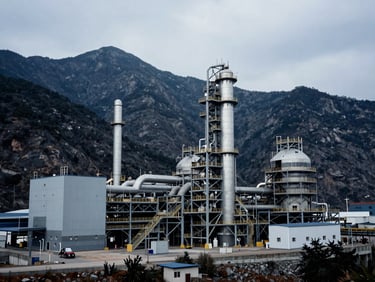Wide environmental industrial landscape of a massive concrete and steel processing plant nestled against high-altitude mountain peaks, cool overcast daylight