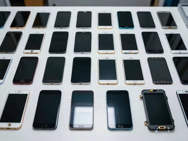 Overhead wide shot of genuine smartphone replacement parts — screens, batteries, and IC chips — arranged in neat rows on a clean white workbench under bright diffused studio lighting, each component clearly visible