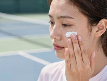 Close-up of a pickleball player applying soothing gel to their face after a game, soft focus on the product, bright outdoor lighting, clean sporty pastel tones.