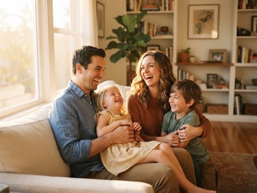 Warm environmental photography of a young family laughing together in their sunlit living room, soft golden-hour window light casting a gentle glow, rich natural tones, representing affordable term life insurance protection.