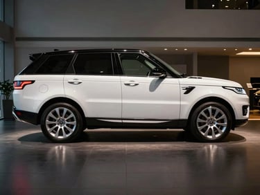 Side profile of a white Range Rover Sport on a dark showroom floor, dramatic side lighting casting a sharp shadow, ambient amber floor lights along the base
