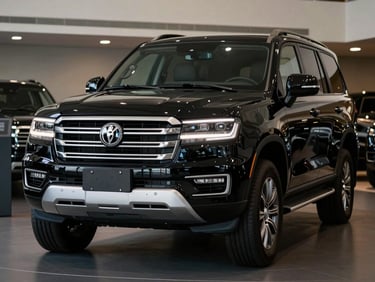 Front three-quarter view of a large black SUV on a showroom floor, showroom strobes reflecting in the grille and headlights, deep shadows framing the vehicle