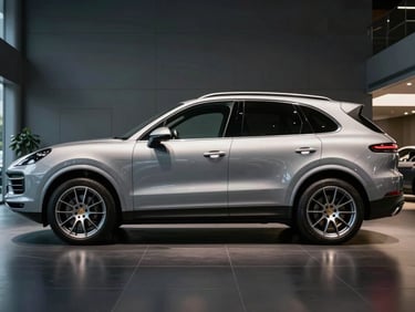 Side profile of a silver Porsche Cayenne SUV under dramatic showroom lighting, dark floor reflection, tight framing, no people