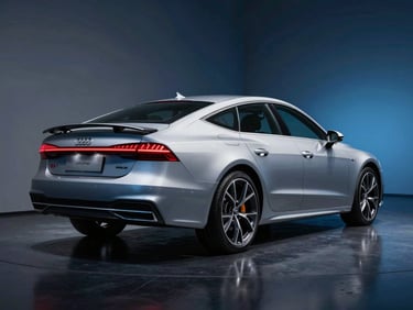Rear three-quarter shot of a silver Audi A7 sportback under blue-tinted showroom lighting, dramatic shadow on the left side, reflections in the dark floor