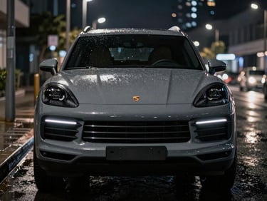 Low front angle of a matte grey Porsche Cayenne on a wet night street, city lights reflected in the hood and bumper, dark urban background