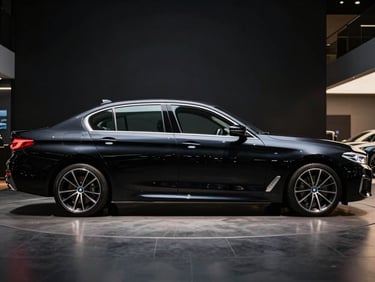 Side profile of a black BMW 5-Series sedan on a dark showroom floor, strobe lighting highlighting the roofline and door curves, deep shadow in the background