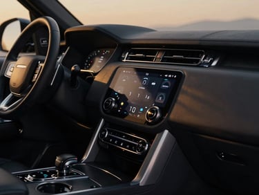 Cinematic interior view of a spacious luxury SUV cabin, climate control interface glowing softly, absolute comfort, 35mm