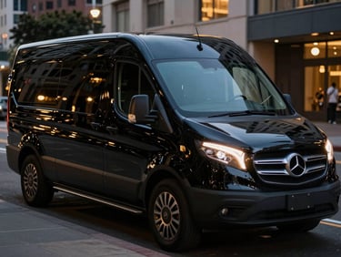 Polished black executive sprinter van parked in San Francisco, city night lights reflecting on pristine paint, luxury transport, 35mm