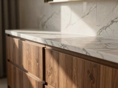 Close-up of high-quality wooden and marble interior finishes, soft afternoon light, elegant modern Malaysian home