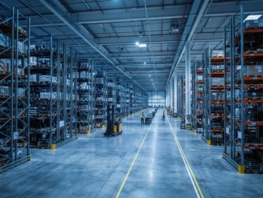 A wide environmental shot of a modern warehouse with clean concrete floors, high steel racks, cool blue-hued lighting, industrial scale.