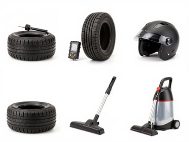Grid of four automotive essentials: car cleaning kit, tire pressure gauge, motorcycle helmet, and car vacuum cleaner, on a seamless white background, studio lighting.