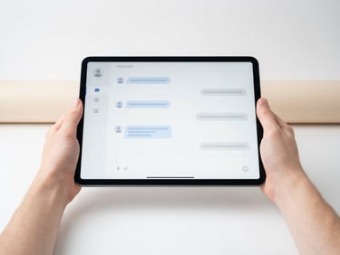 Clean, minimal image of a customer support interface on a tablet, soft studio lighting, seamless white background, 50mm lens.