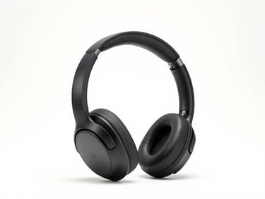 Sleek black wireless noise-cancelling headphones, high-key studio product photography, 3/4 angle on seamless white backdrop.