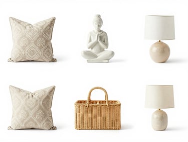 Grid of four home styling items: patterned cushion covers, decorative ceramic figurine, woven storage organizer, and minimalist table lamp, on a seamless white background, studio lighting.