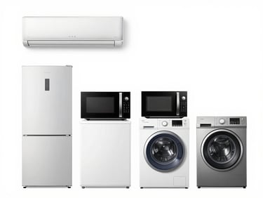 Grid of four modern home appliances: sleek silver air conditioner, white refrigerator, black microwave, and grey washing machine, on a seamless white background, studio lighting.