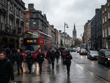 Editorial photography of Dublin city center streets with natural overcast Irish daylight, high-contrast red and charcoal tones, documentary style, 35mm lens