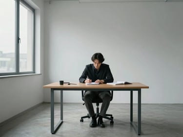 Wide shot of a person seated alone at a minimal desk in a spare, high-contrast office, pen in hand, notepad open, overcast window light from the left flattening emotion, face turned slightly downward in concentration, no warmth or decoration visible