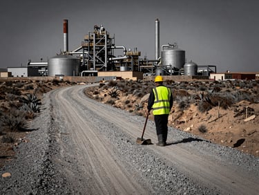 Grader maintaining a gravel access road in an arid industrial landscape, sharp details.