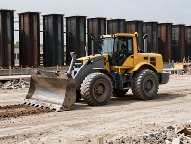 Heavy earthmover leveling ground on a vast construction site, steel structures in background, high contrast daylight.