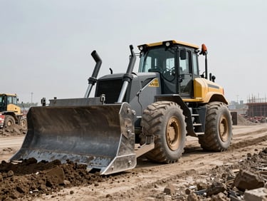 Low-angle shot of a heavy bulldozer grading soil on a massive industrial construction site, harsh daylight, desaturated steel tones