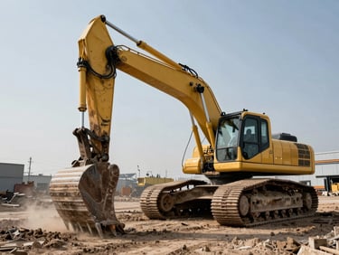 Low-angle dramatic photograph of a heavy yellow excavator working on an industrial site, dusty ground, sharp focus, high-contrast natural daylight.