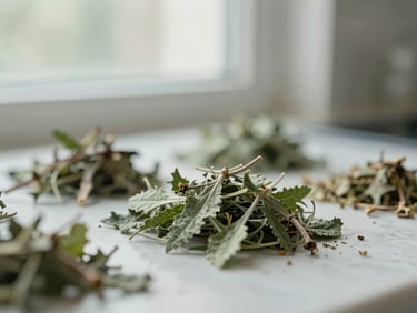 Close-up of organic herbal ingredients in a serene, sunlit kitchen setting, soft natural window light, shallow depth of field, 35mm