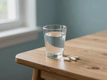 A clean wooden table with a glass of water and natural supplements, soft window light, slate blue background