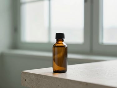 Minimalist amber glass bottle on a light stone counter, soft natural window light, clinical-editorial style, 35mm