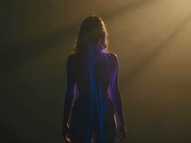 Subtle energy lines flowing around a human silhouette, deep blue and purple hues, cinematic moody photography, warm chiaroscuro