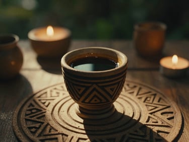 Close-up of a ceremonial cup filled with dark Ayahuasca brew, surrounded by sacred geometric patterns on a wooden altar, soft candlelight, cinematic moody photography, warm chiaroscuro, 35mm film
