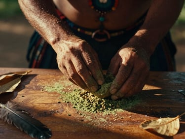 Weathered hands of an indigenous shaman carefully preparing Rapé powder on a polished wooden surface, surrounded by natural elements like feathers and dried leaves, dramatic golden-hour sunbeams, cinematic moody photography, warm chiaroscuro, 35mm film