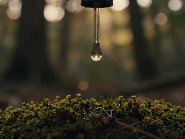 Macro shot of a single drop of Sananga liquid being carefully applied to an eye, reflecting a subtle golden light, the background is softly blurred ancient forest, cinematic moody photography, warm chiaroscuro, 35mm film