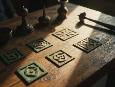 Ancient geometric symbols glowing softly on a wooden table, ceremonial tools, warm chiaroscuro, 35mm film