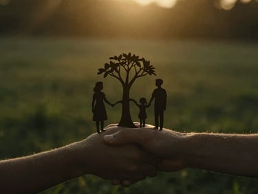 Hands intertwined forming a family tree silhouette, soft golden light, cinematic moody photography, rich sepia and moss green tones