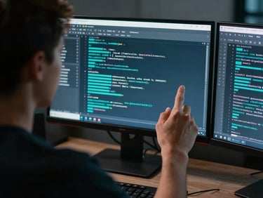 An over-the-shoulder perspective of a developer organizing structured data schema on a dual-monitor setup, cool screen glow, shallow depth of field