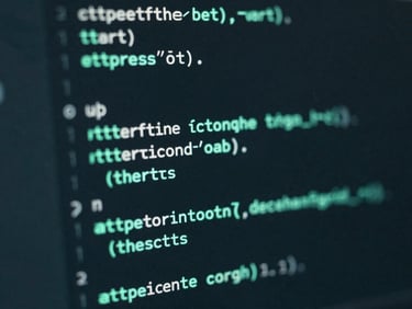 Close-up of a code editor displaying clean semantic HTML on a dark screen with an electric-teal glow, moody technical photography, shallow depth of field