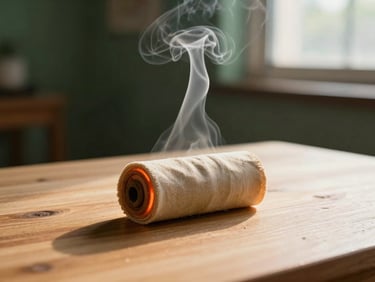 Gentle smoke rising from a glowing moxibustion roll held over a clean wooden surface, warm golden-hour lighting, shallow depth of field