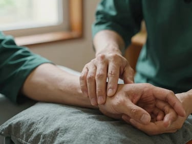 A practitioner's hand gently performing pulse diagnosis on a patient's wrist resting on a soft fabric cushion, warm natural light, shallow depth of field