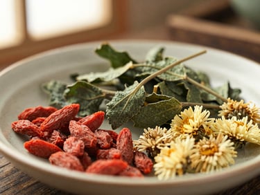 Close-up of dried natural herbal ingredients like goji berries and chrysanthemum on a textured ceramic plate, soft warm side light, 35mm