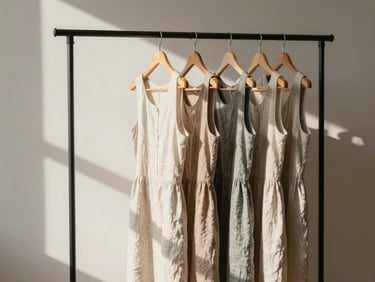 A minimalist clothing rack holding small-batch linen dresses in soft neutral shades, casting soft shadows on a sunlit studio wall.