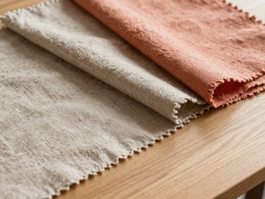 Close-up of natural linen and cotton fabric swatches in sand beige and soft coral tones resting on a light oak worktable.
