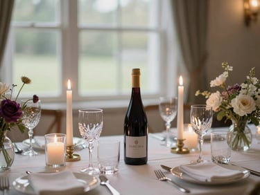 An elegant wedding tablescape in Draper with soft candlelight, delicate crystal glassware, and minimalist floral arrangements, warm evening glow.