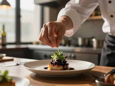 Focused chef in motion artfully placing microgreens on a modern dish in a high-end kitchen, warm directional lighting, shallow depth of field.