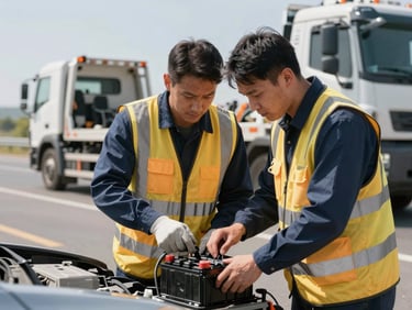 Professional operator in high-visibility vest jump-starting a car battery on the roadside, tow truck visible in background, clear daylight