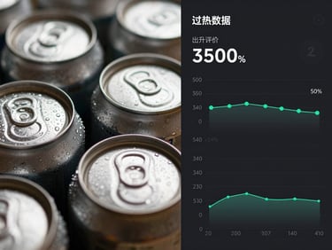A split-screen composition. Left side shows a sharp macro shot of organic beverage cans with textured condensation. Right side shows a clean dark-mode analytics interface detailing conversion rates.