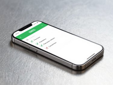 A high-contrast diagnostic report screen showing a 100% green pass checklist beside a pristine smartphone on a cool metallic workbench, bright clinical studio light, sharp focus