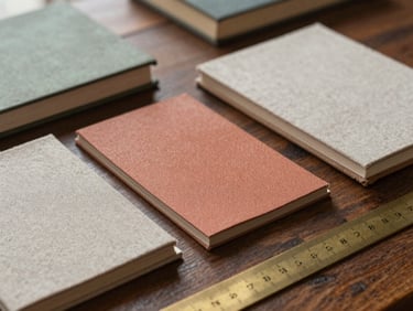 Close-up of tactile paper samples, linen-bound books, and a brass ruler on a dark oak desk, soft side lighting